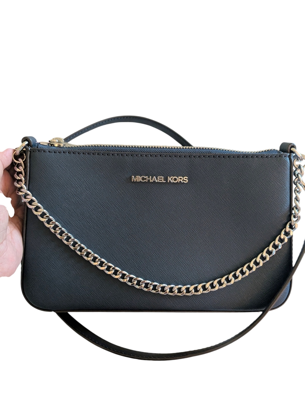 Michael Kors Black Saffiano Leather Crossbody with Gold Chain